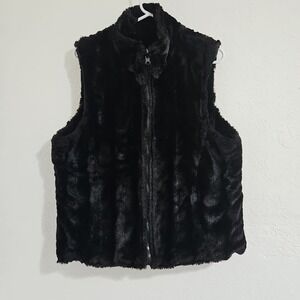 Womens Black Full Zip Faux Fur REVERSIBLE Vest Sz Lg Mob Wife    Boho Hippie